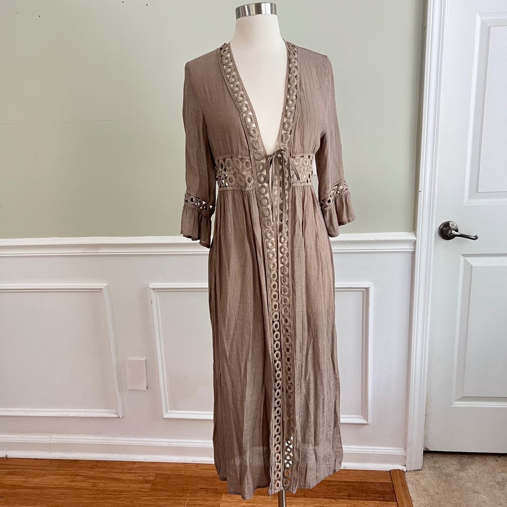 Rebellion Again Duster Cardigan Womens Sz M Crochet Lace Brown Taupe Boho Hippie - Picture 5 of 12